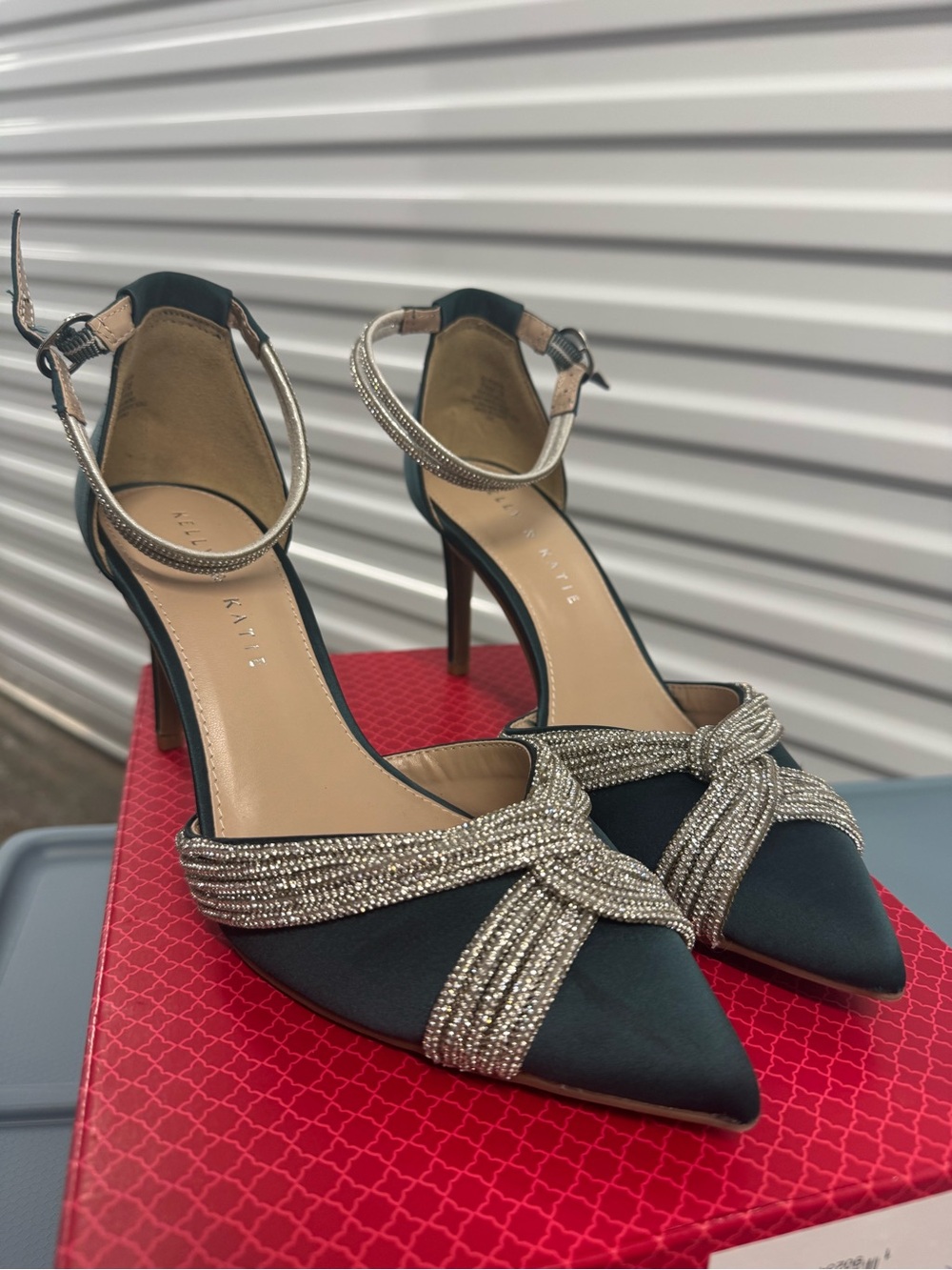 Like New Kelly & Katie Green/Blue satin heels with silver rhinestone bow detail
